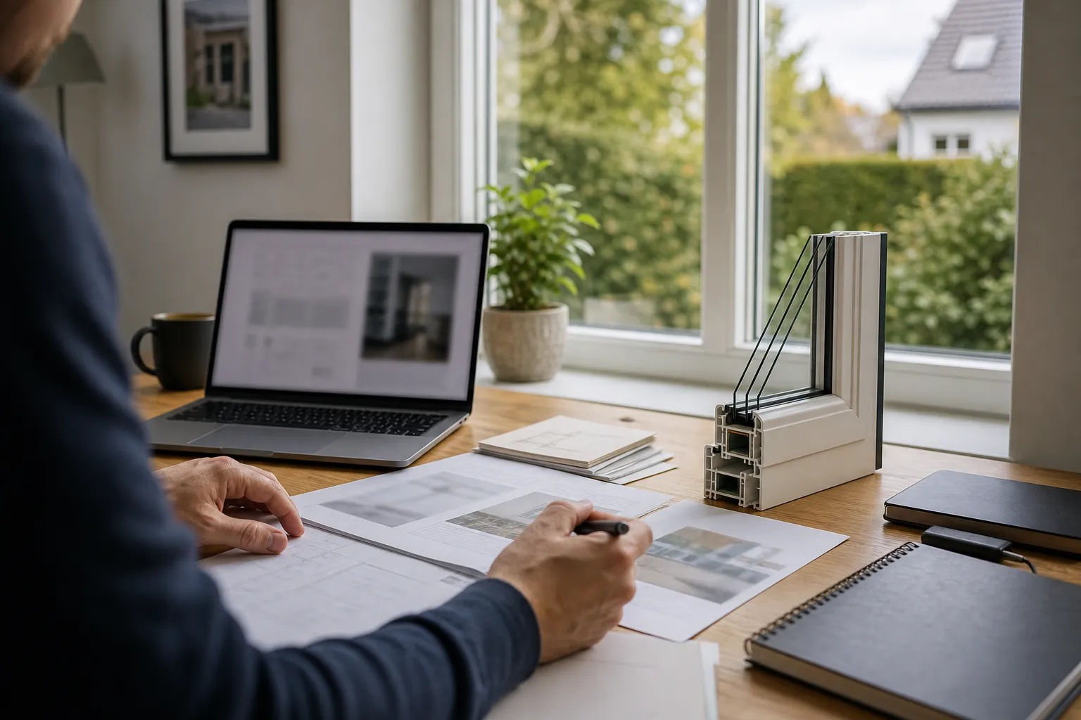 Computer og dokumenter til planlægning af vinduestilskud