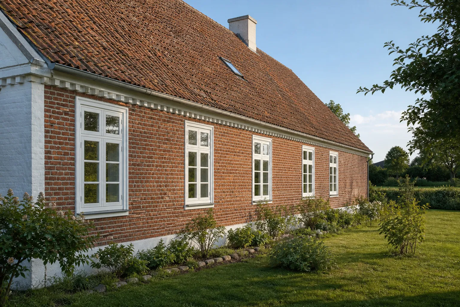 Traditionelt dansk bondehus med hvide bondehusvinduer med sprosser