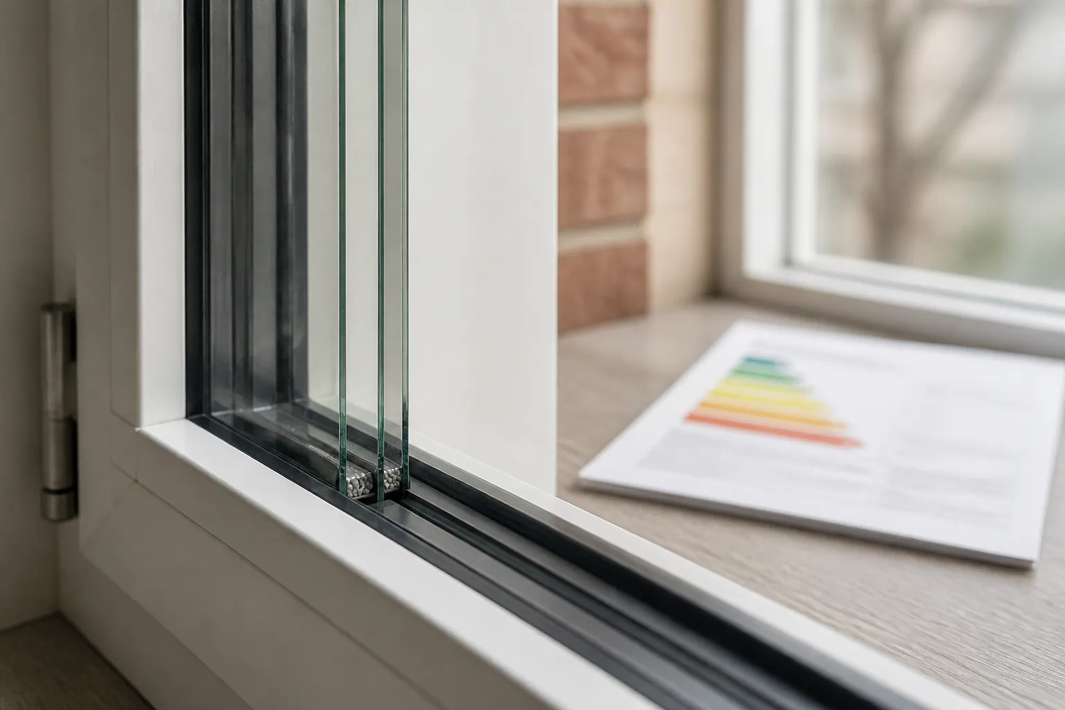 Detalje af energirude med glas, afstandsprofil og tætning