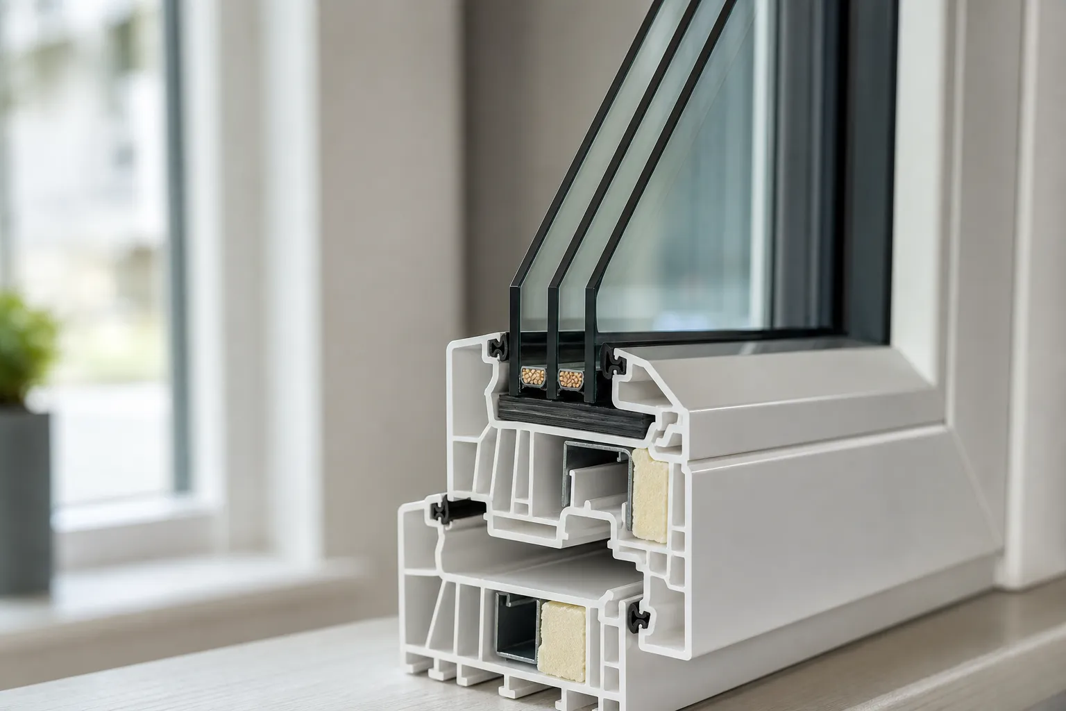 Detalje af 3-lags energirude med varm kant og isoleret ramme