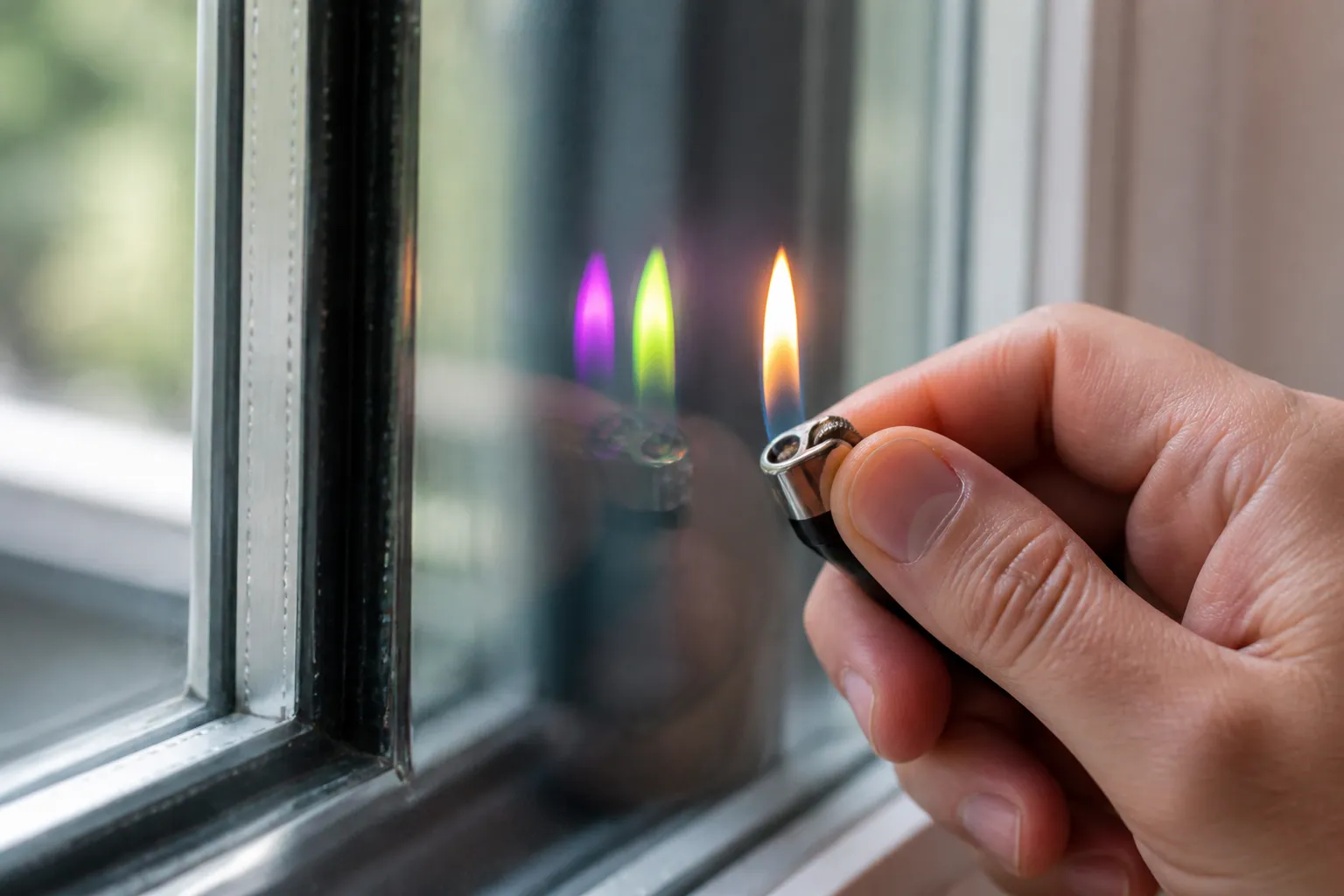 Flammetest af vindue med farveskift i glasset der viser energibelægning