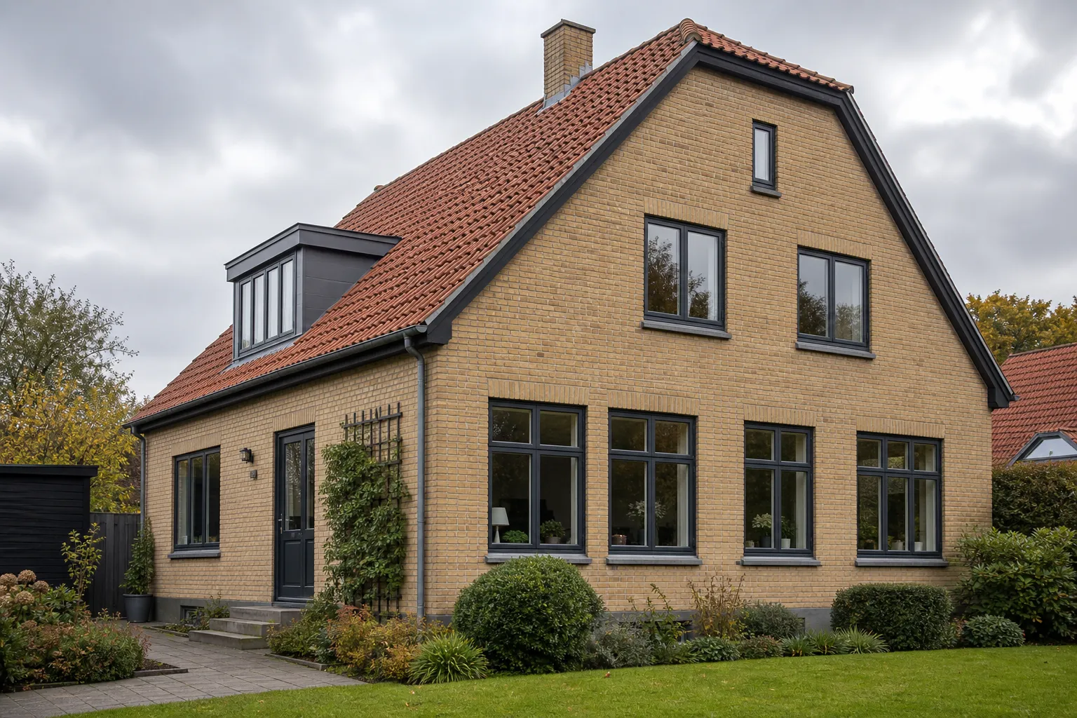 Dansk parcelhus med flere vinduer i facaden