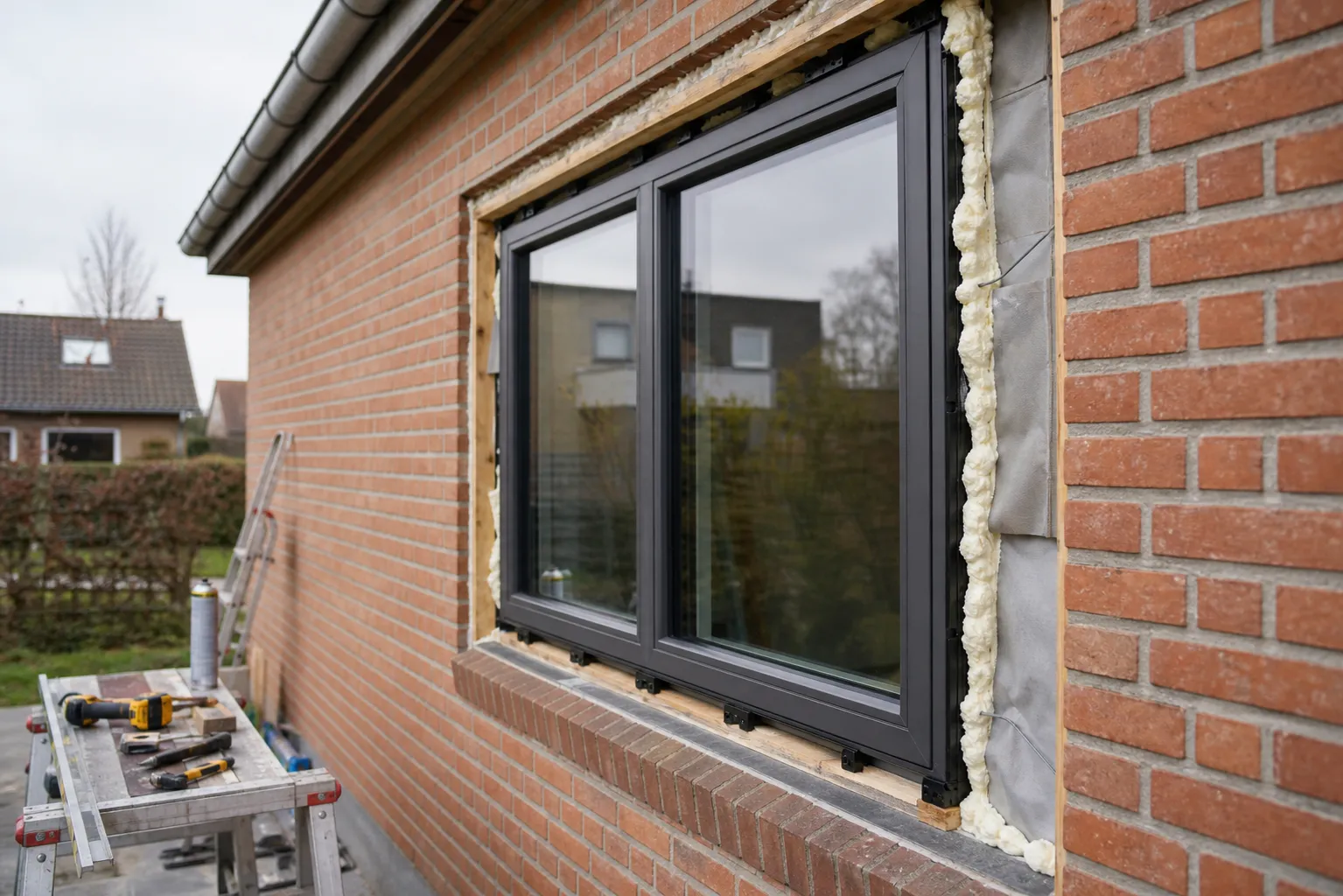 Nyt facadevindue monteres i en murstensvæg i stueplan