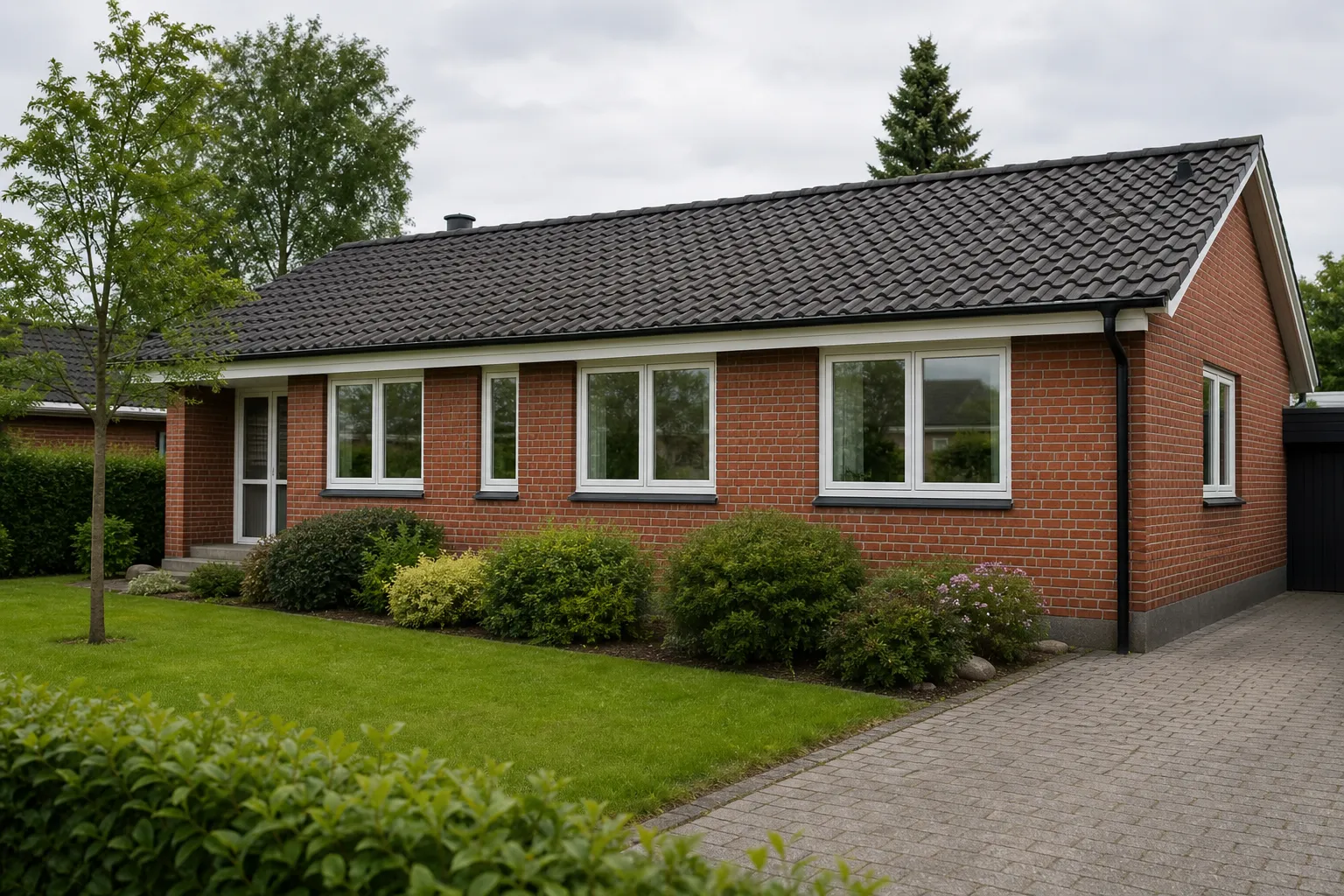 Rødt parcelhus med nye hvide vinduer, mørkt tegltag og have.