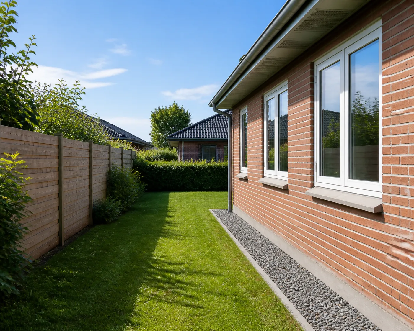 Parcelhus med vinduer i facaden set fra haven mod skel