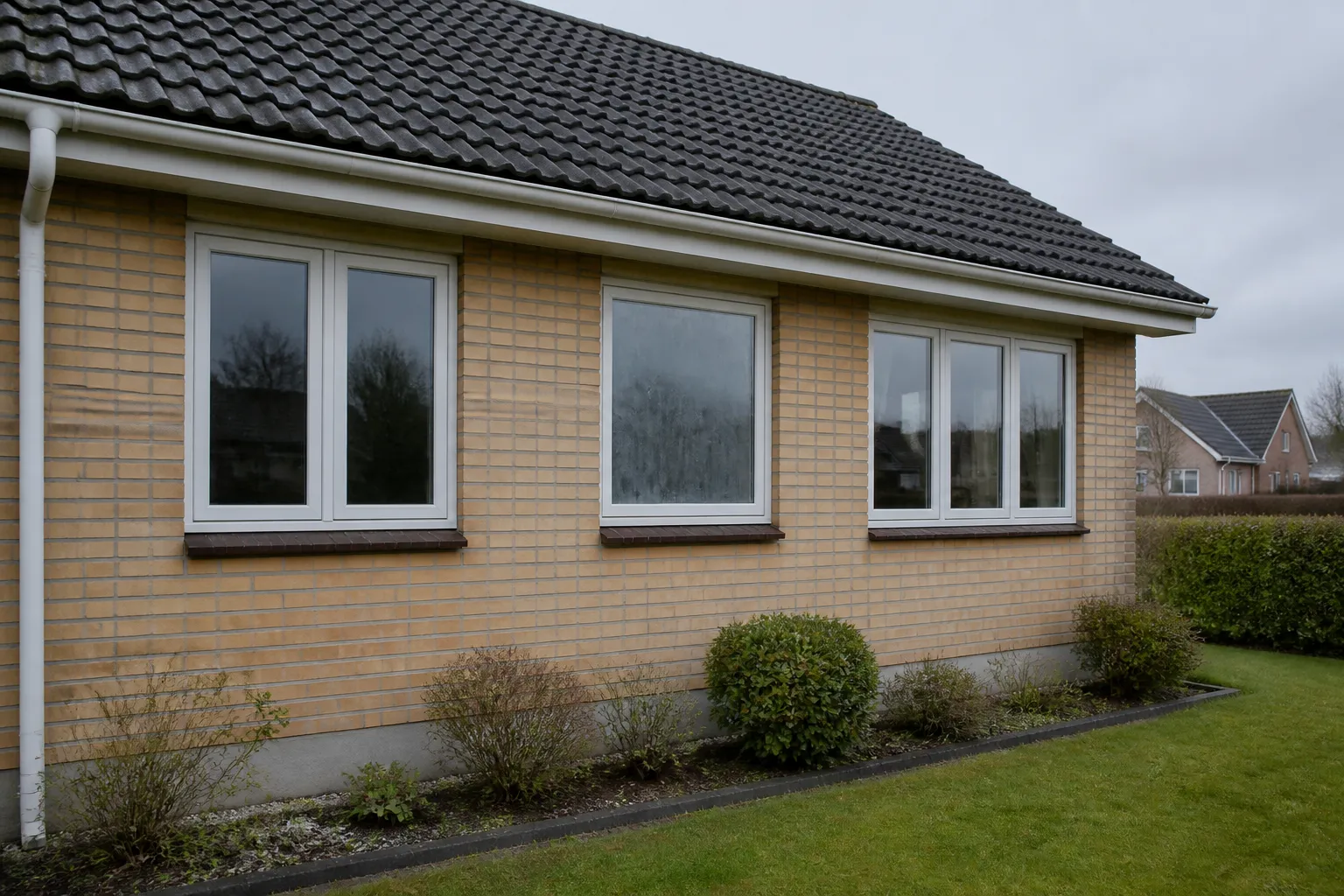 Dansk parcelhus facade hvor ét vindue har en punkteret rude med gråligt skær.