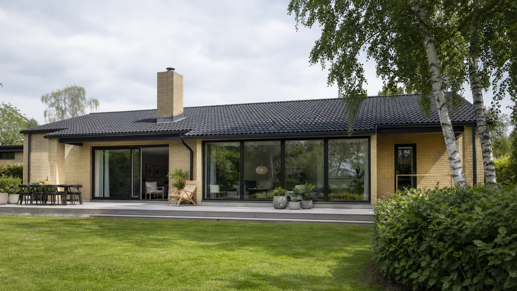 Dansk parcelhus med store panoramavinduer og hæveskydedør ud til have