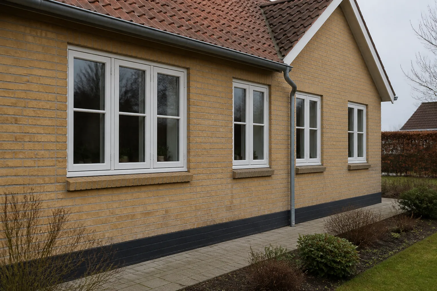 Dansk murstensfacade med hvide vinduer
